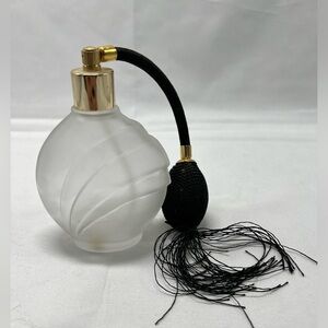 Vintage Frosted Swirl Glass with Black Pump Atomizer & Gold Accents (empty)